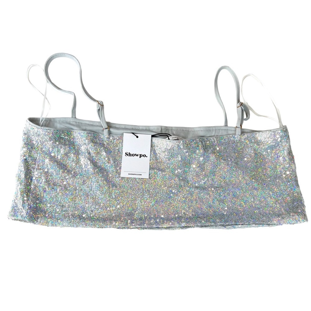 Showpo. Elswyth Sequin Crop Top Iridescent Silver Size 10 - Picture 2 of 9